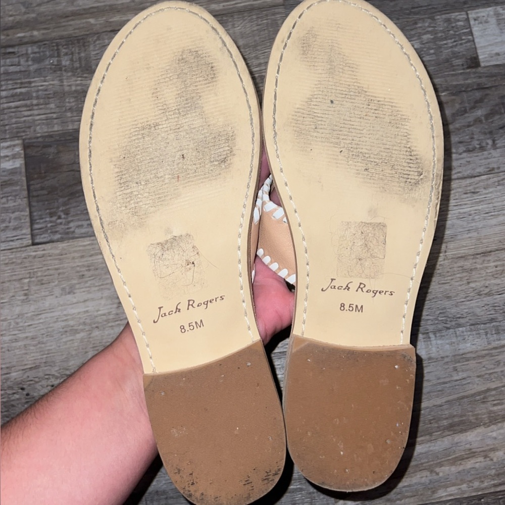Jack Rogers Tan Sandals with White Floral Stitching - Picture 3 of 3